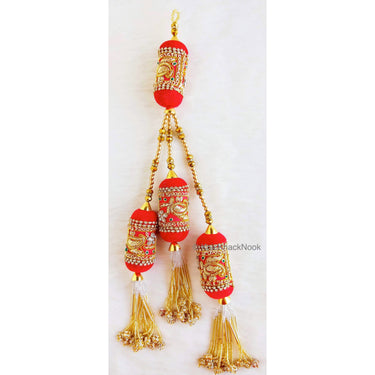 Velvet Fabric Bolster Tassels In Antique Gold Zardozi Embroidery, Rhinestones & Pearls, Indian Embellishment